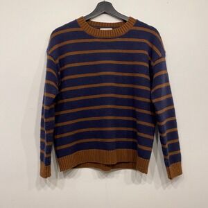 Q2 Womens Striped Crewneck Sweater Navy Blue Rust Brown Knit Pullover Size M
